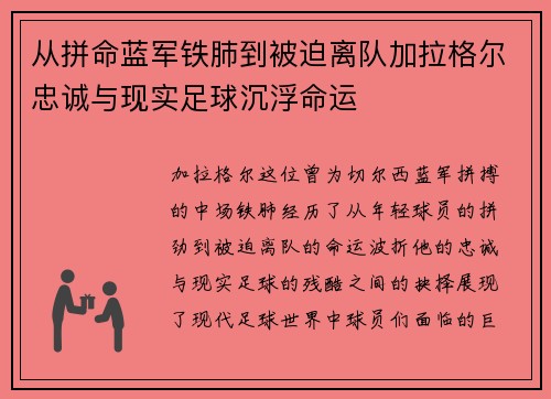 从拼命蓝军铁肺到被迫离队加拉格尔忠诚与现实足球沉浮命运