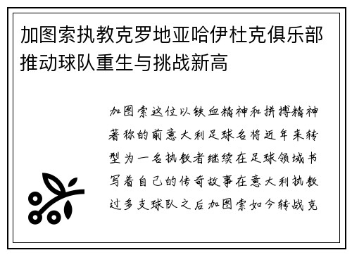 加图索执教克罗地亚哈伊杜克俱乐部推动球队重生与挑战新高